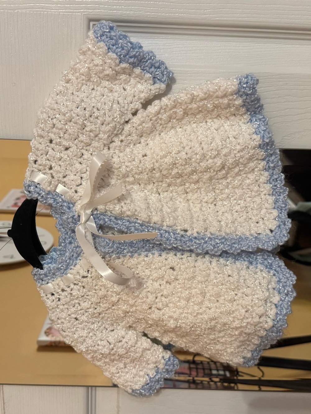 Handmade Cream Baby Cardigan with Light Blue Trim / Matching Hat and Booties